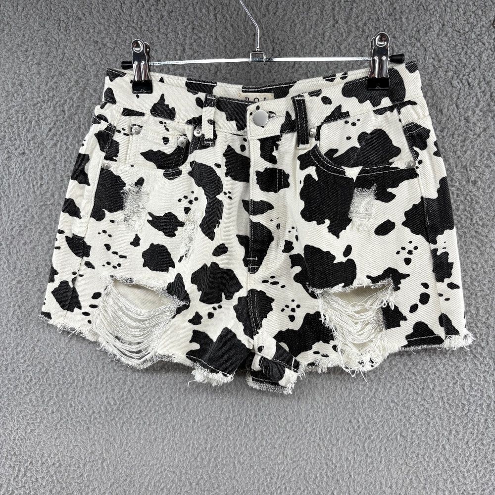 POL Cow Print Distressed High Rise Denim Shorts Women’s Small - Picture 2 of 11